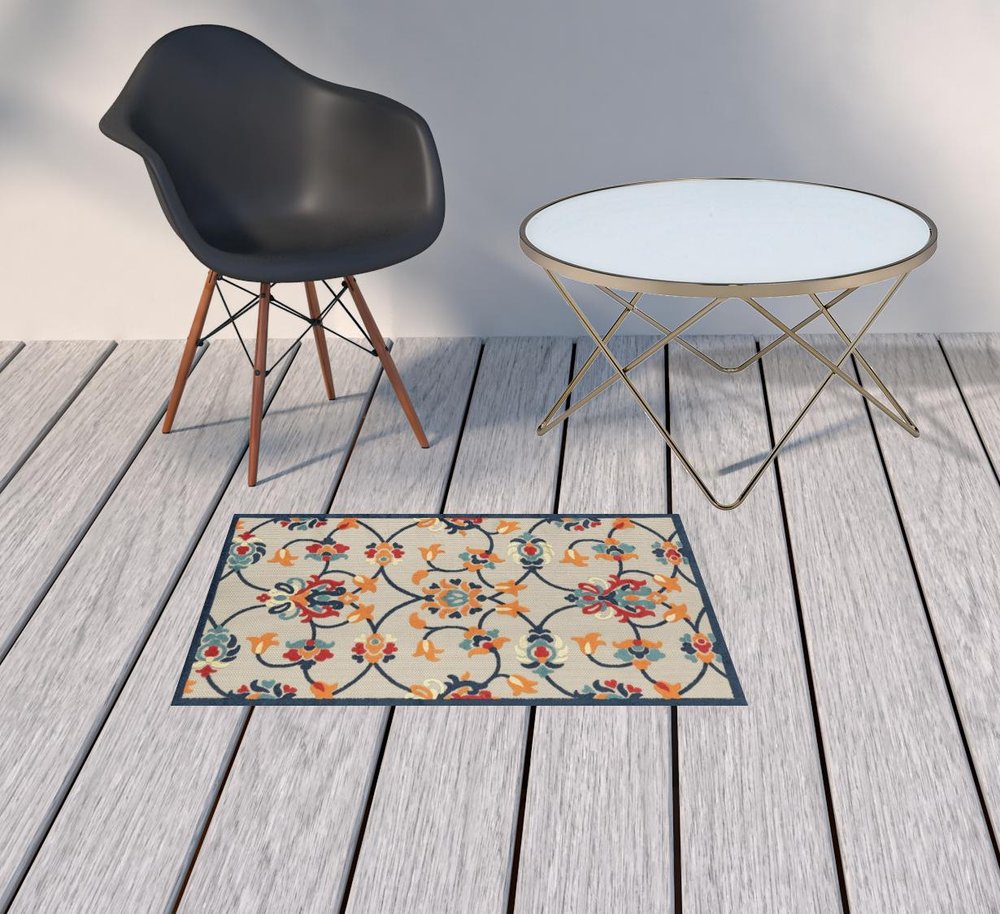 2' X 3' Blue Floral Non Skid Indoor Outdoor Area Rug