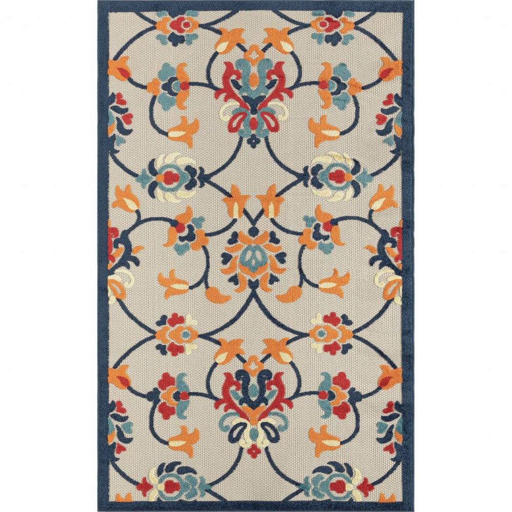 2' X 3' Blue Floral Non Skid Indoor Outdoor Area Rug