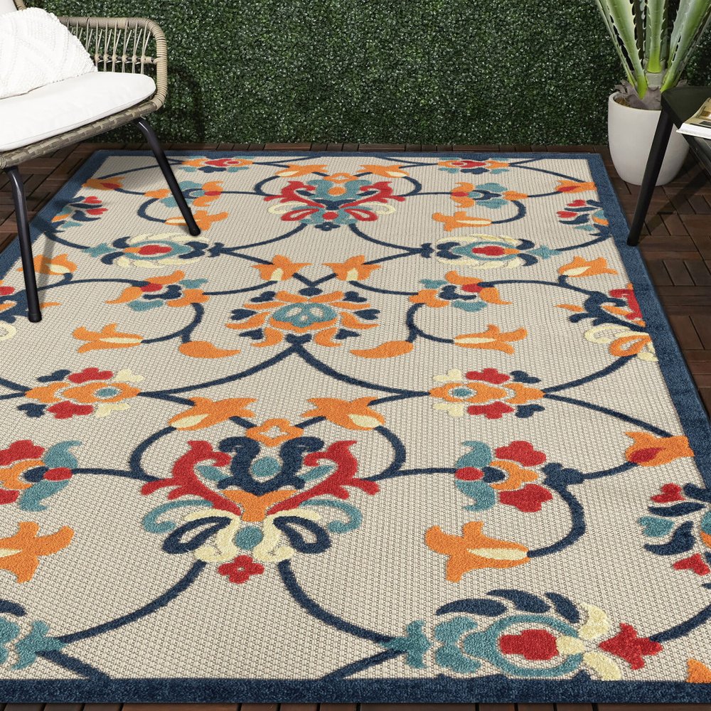 2' X 3' Blue Floral Non Skid Indoor Outdoor Area Rug