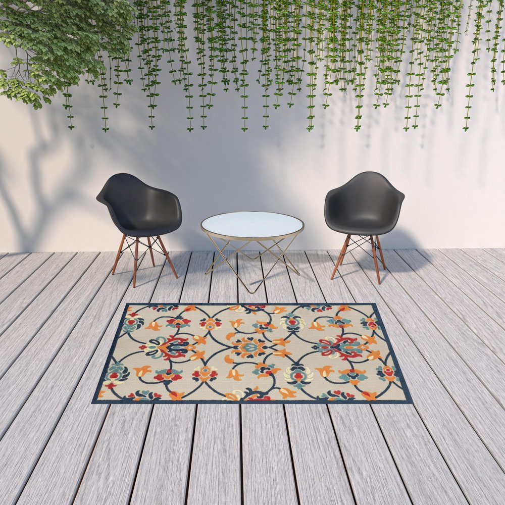 2' X 3' Blue Floral Non Skid Indoor Outdoor Area Rug