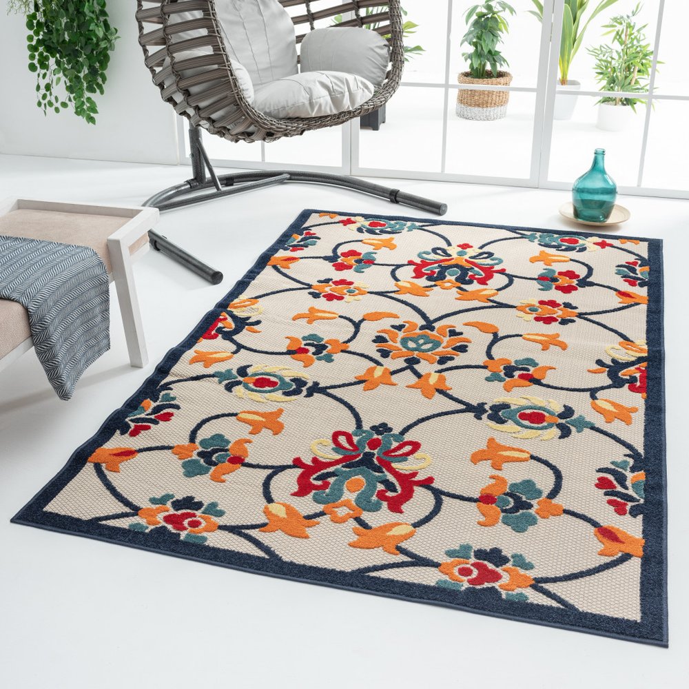 2' X 3' Blue Floral Non Skid Indoor Outdoor Area Rug