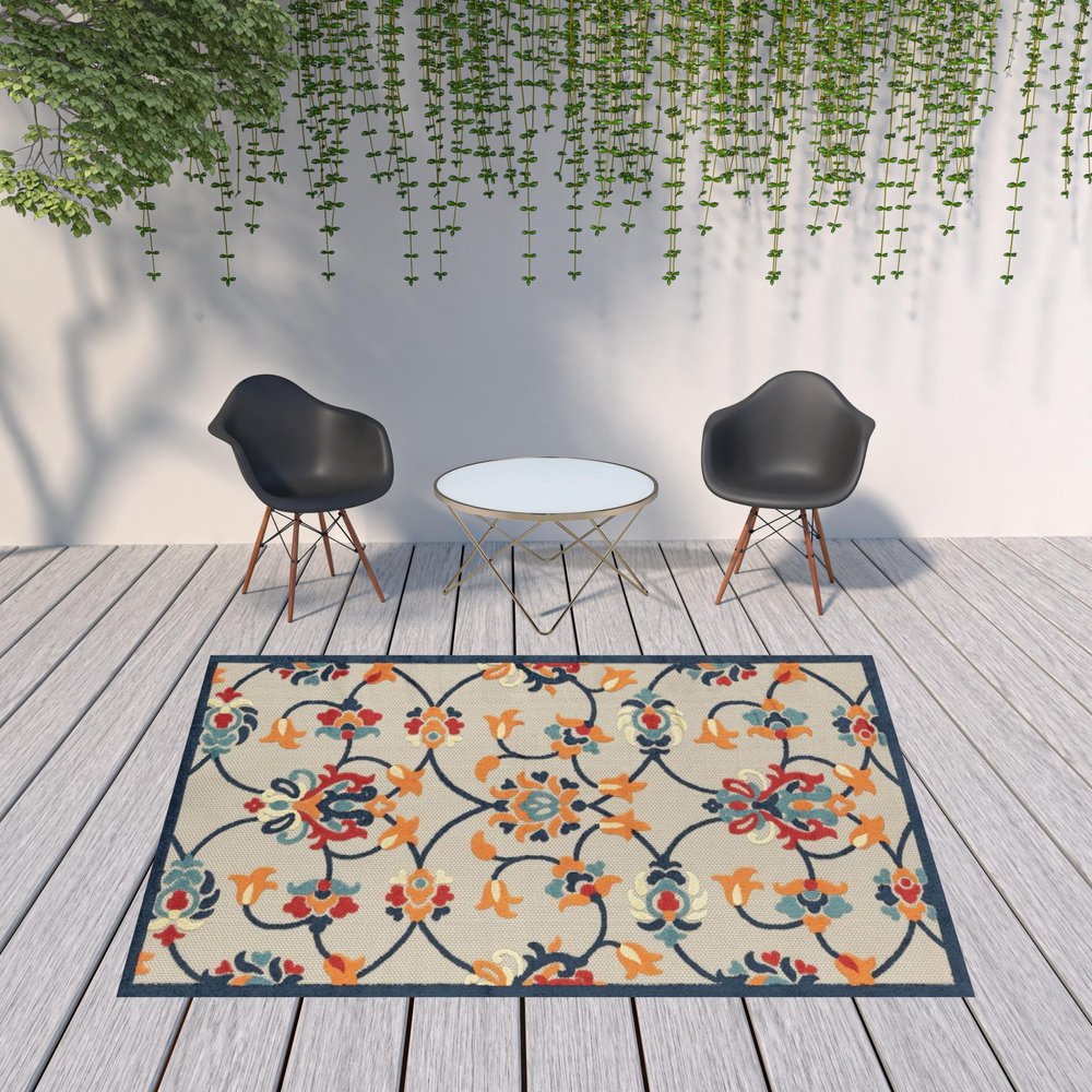 2' X 3' Blue Floral Non Skid Indoor Outdoor Area Rug
