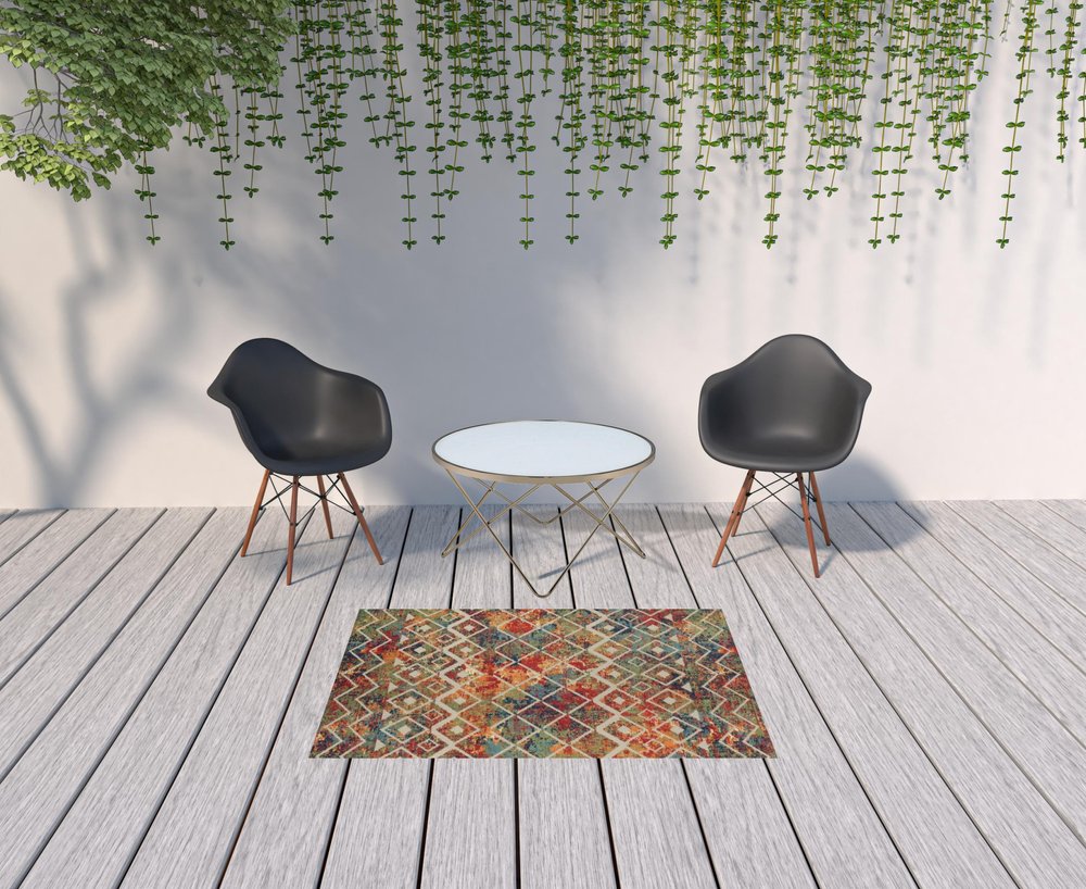 5' X 8' Red And Ivory Geometric Non Skid Indoor Outdoor Area Rug