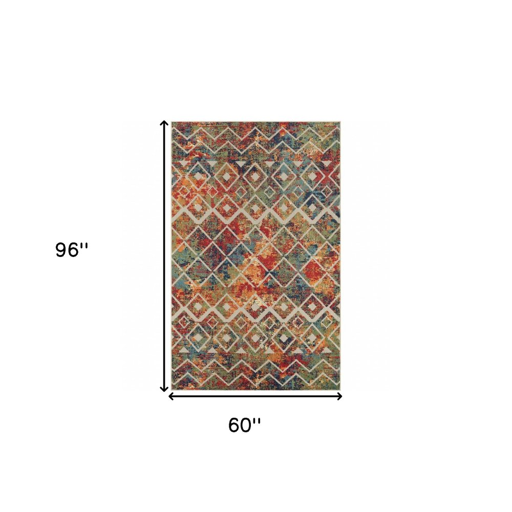 5' X 8' Red And Ivory Geometric Non Skid Indoor Outdoor Area Rug
