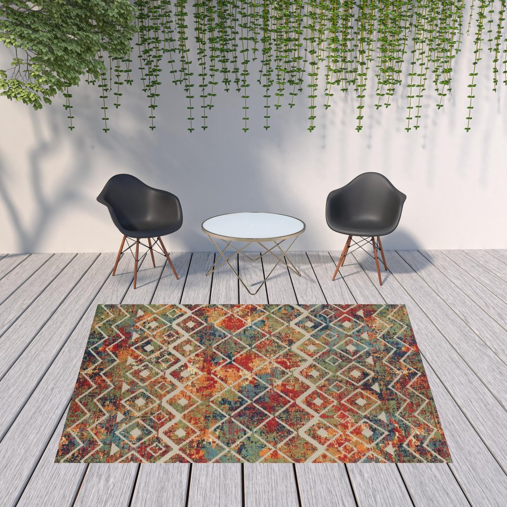 5' X 8' Red And Ivory Geometric Non Skid Indoor Outdoor Area Rug