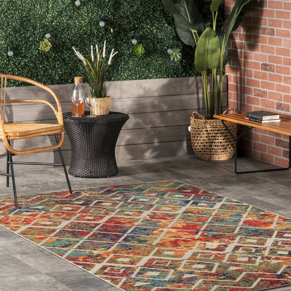 5' X 8' Red And Ivory Geometric Non Skid Indoor Outdoor Area Rug