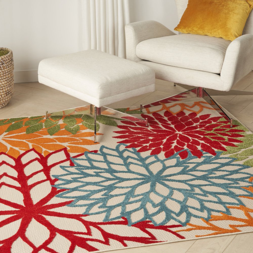 5' Green Orange and Red Indoor Outdoor Area Rug