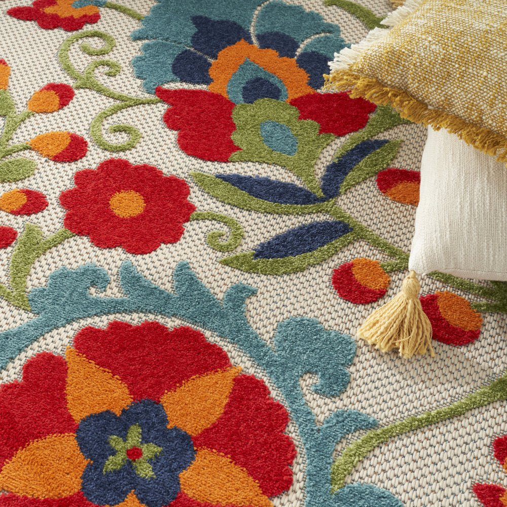 10' X 14' Ivory Blue And Orange Indoor Outdoor Area Rug