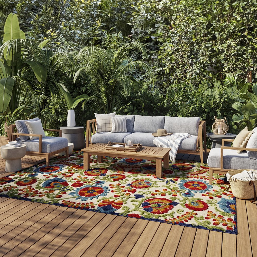 12' X 15' Ivory Blue And Orange Indoor Outdoor Area Rug