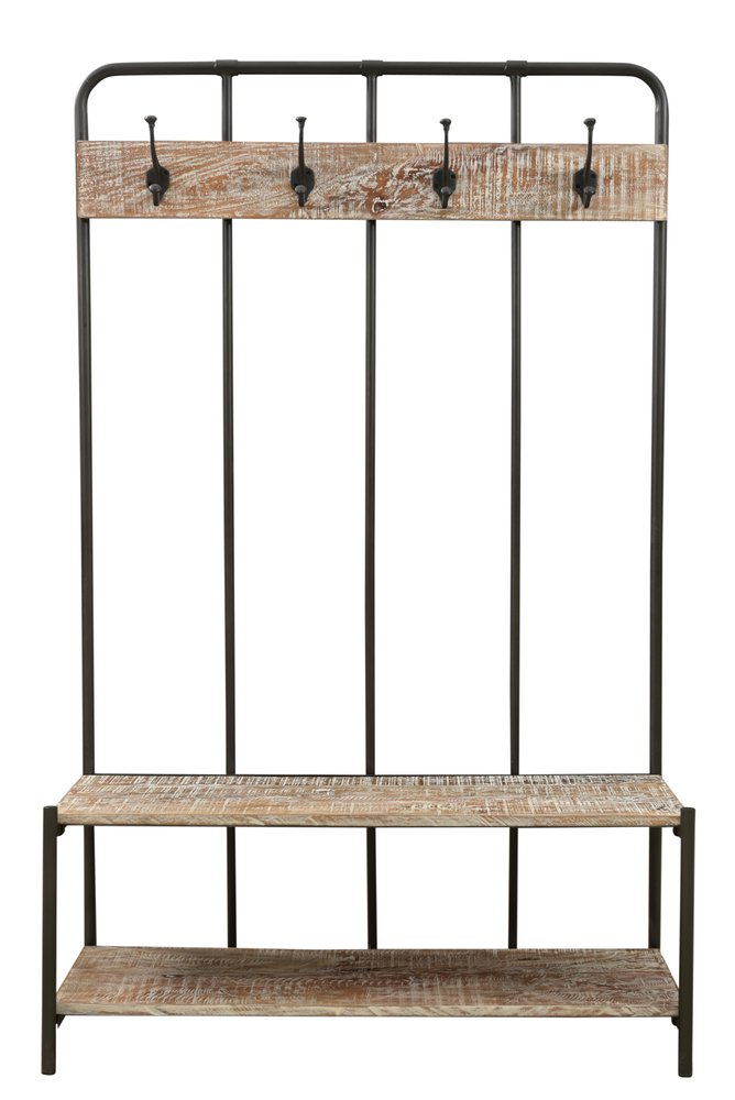 71" Black And Brown Metal And Solid Wood Four Hooks Freestanding Coat Rack