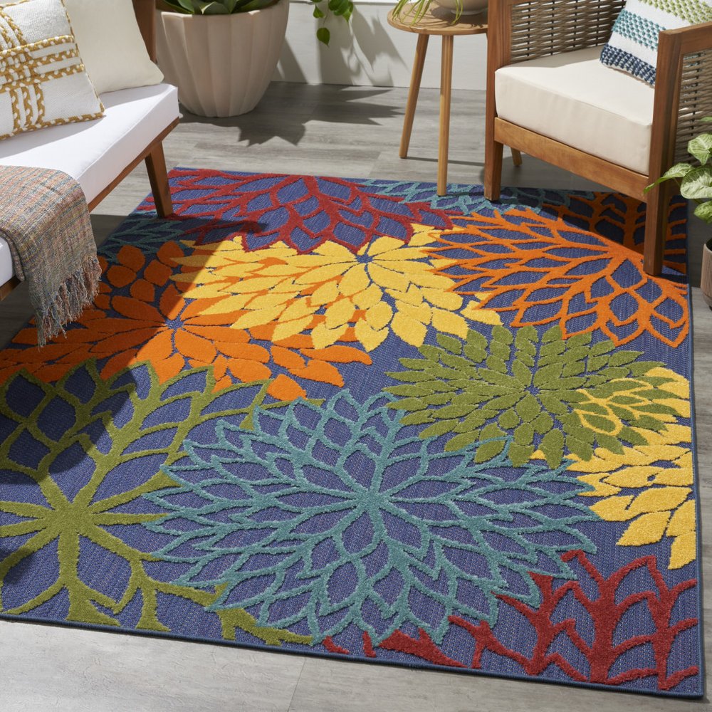 5' X 7' Blue Yellow and Green Indoor Outdoor Area Rug