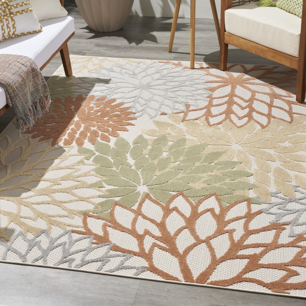 5' X 7' Ivory Green And Blue Indoor Outdoor Area Rug