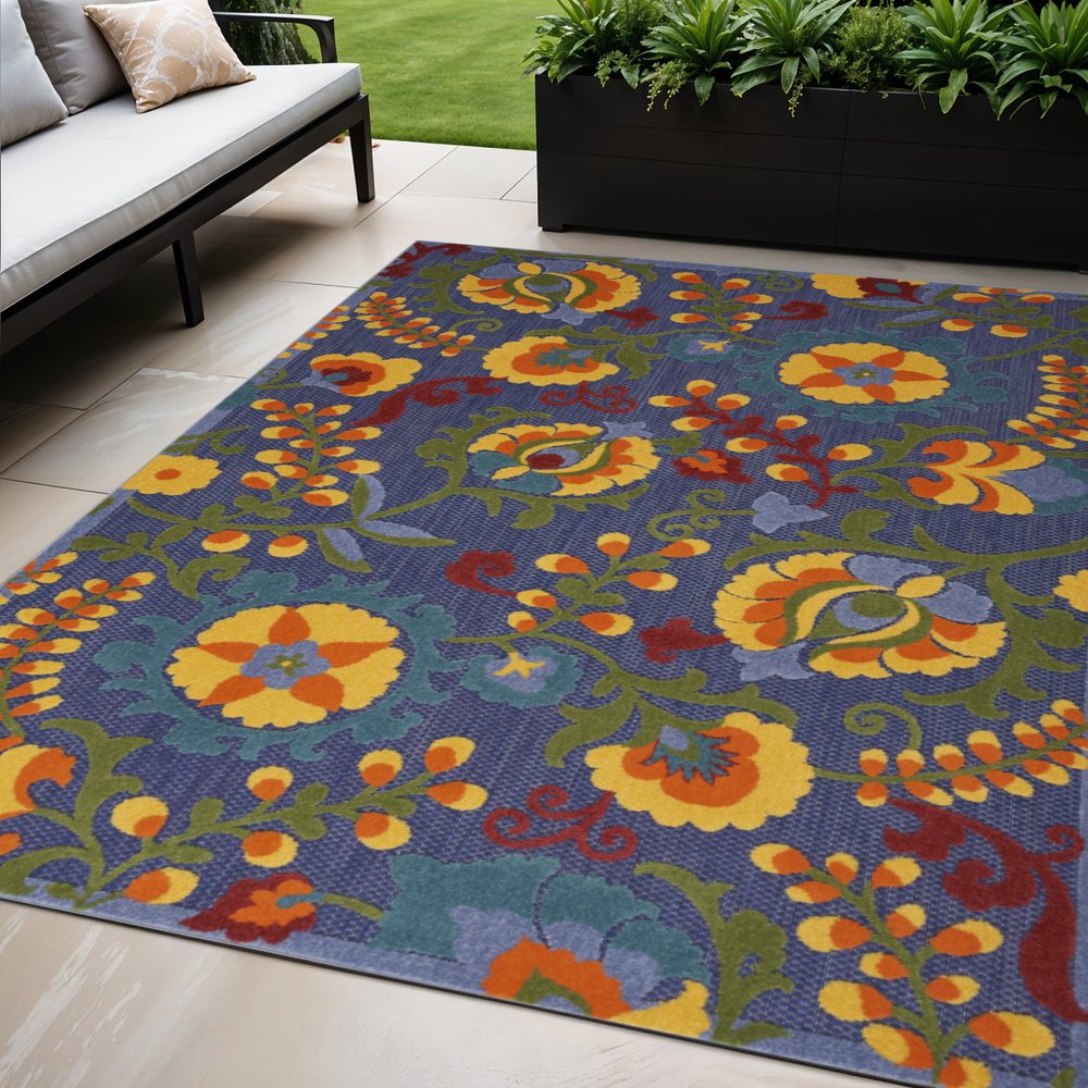 5' X 7' Blue Yellow And Green Indoor Outdoor Area Rug
