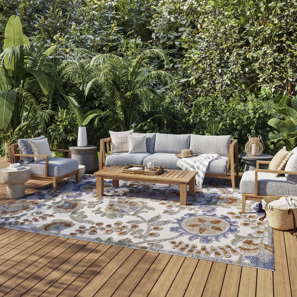 6' X 9' Ivory And Blue Indoor Outdoor Area Rug