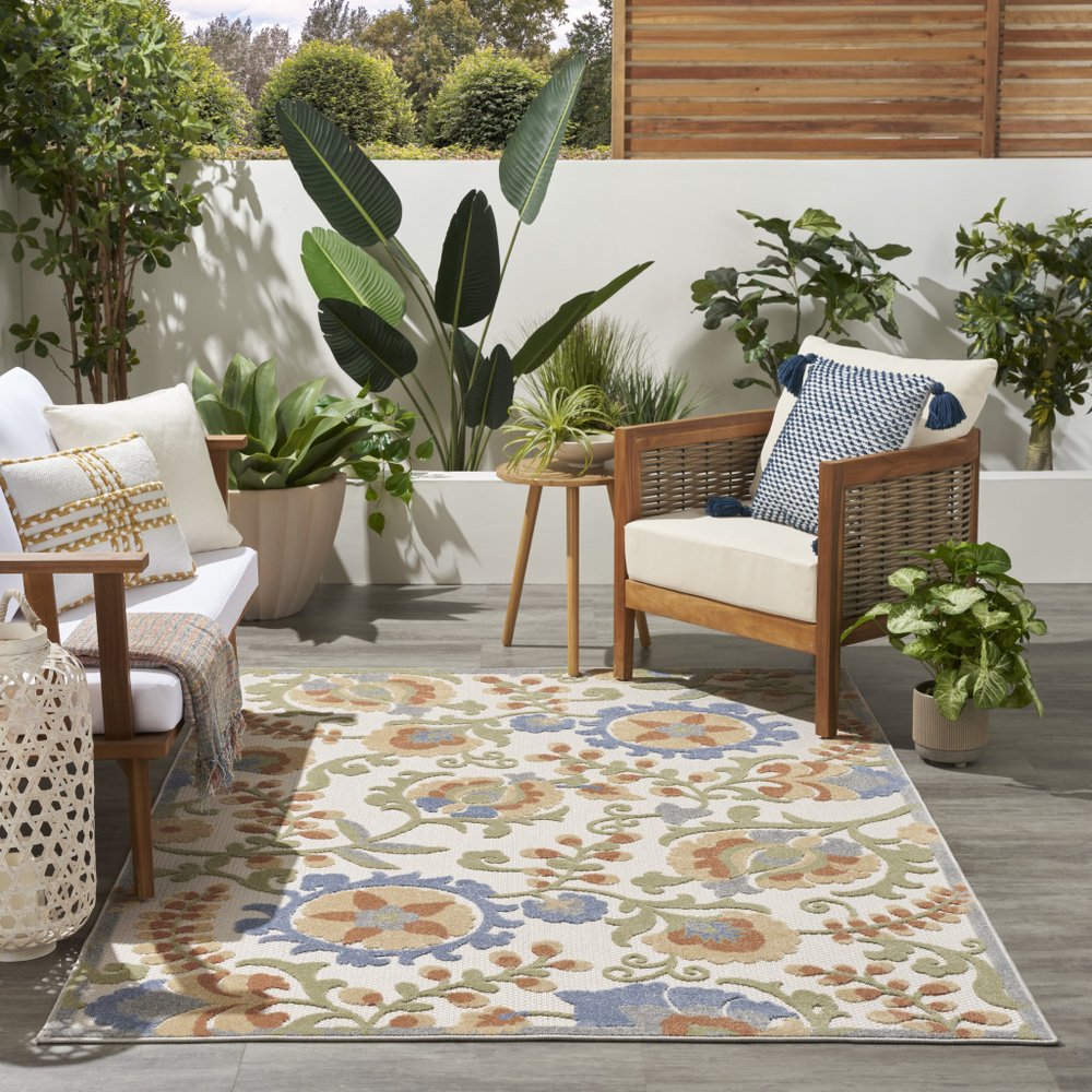6' X 9' Ivory And Blue Indoor Outdoor Area Rug