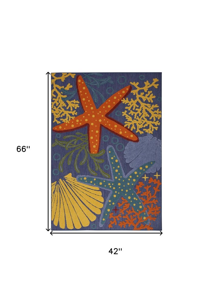 4' X 6' Blue Starfish Indoor Outdoor Area Rug