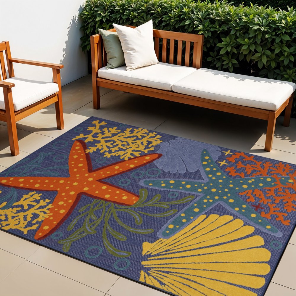 4' X 6' Blue Starfish Indoor Outdoor Area Rug