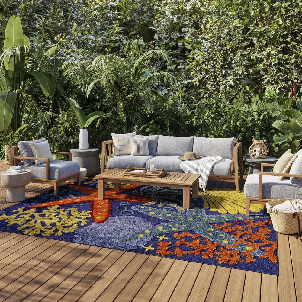 6' X 9' Orange Green And Blue Indoor Outdoor Area Rug