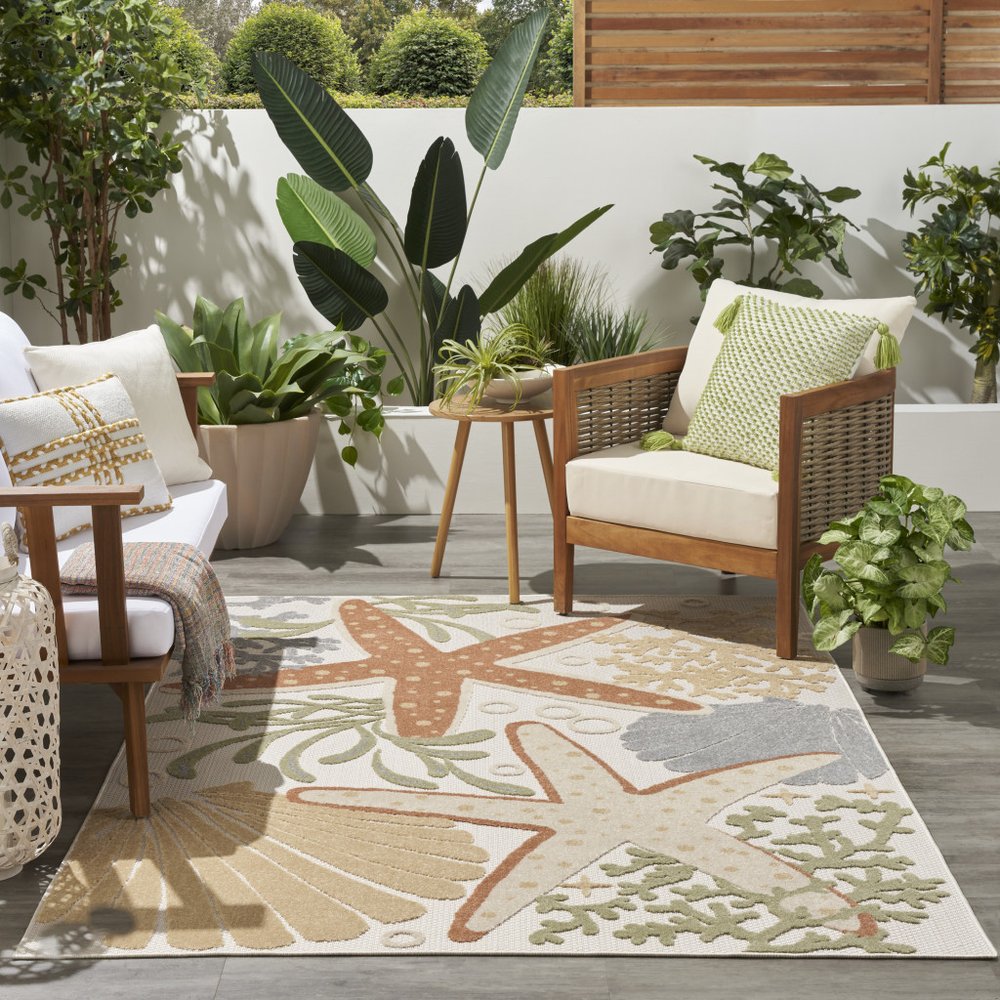4' X 6' Ivory Orange And Blue Indoor Outdoor Area Rug
