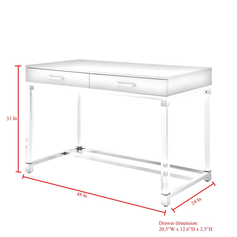 48" Black Clear and Gold Wood Acrylic and Stainless Steel Writing Desk With Two Drawers