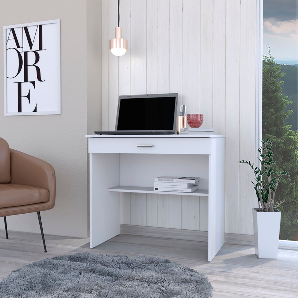 32" White Wood Computer Desk With Drawer