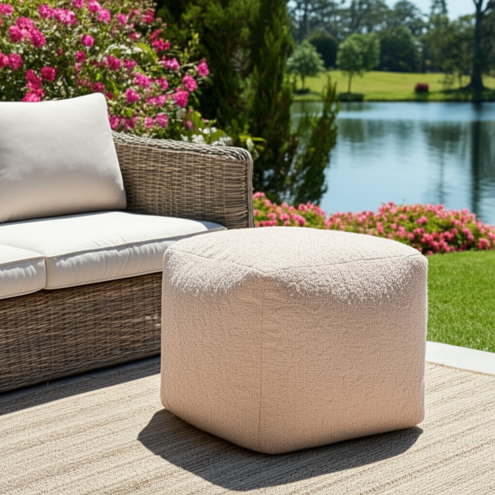 18" Ivory Polyester Cube Outdoor Pouf Ottoman