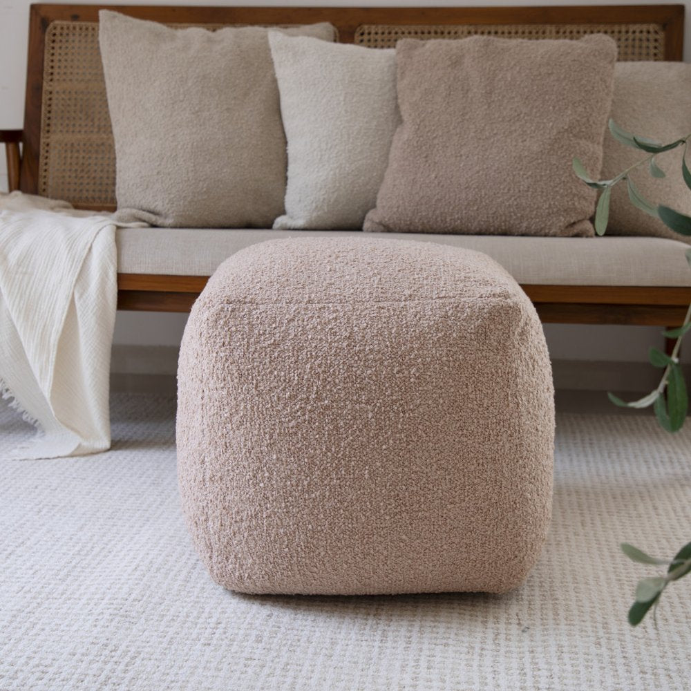 18" Ivory Polyester Cube Outdoor Pouf Ottoman