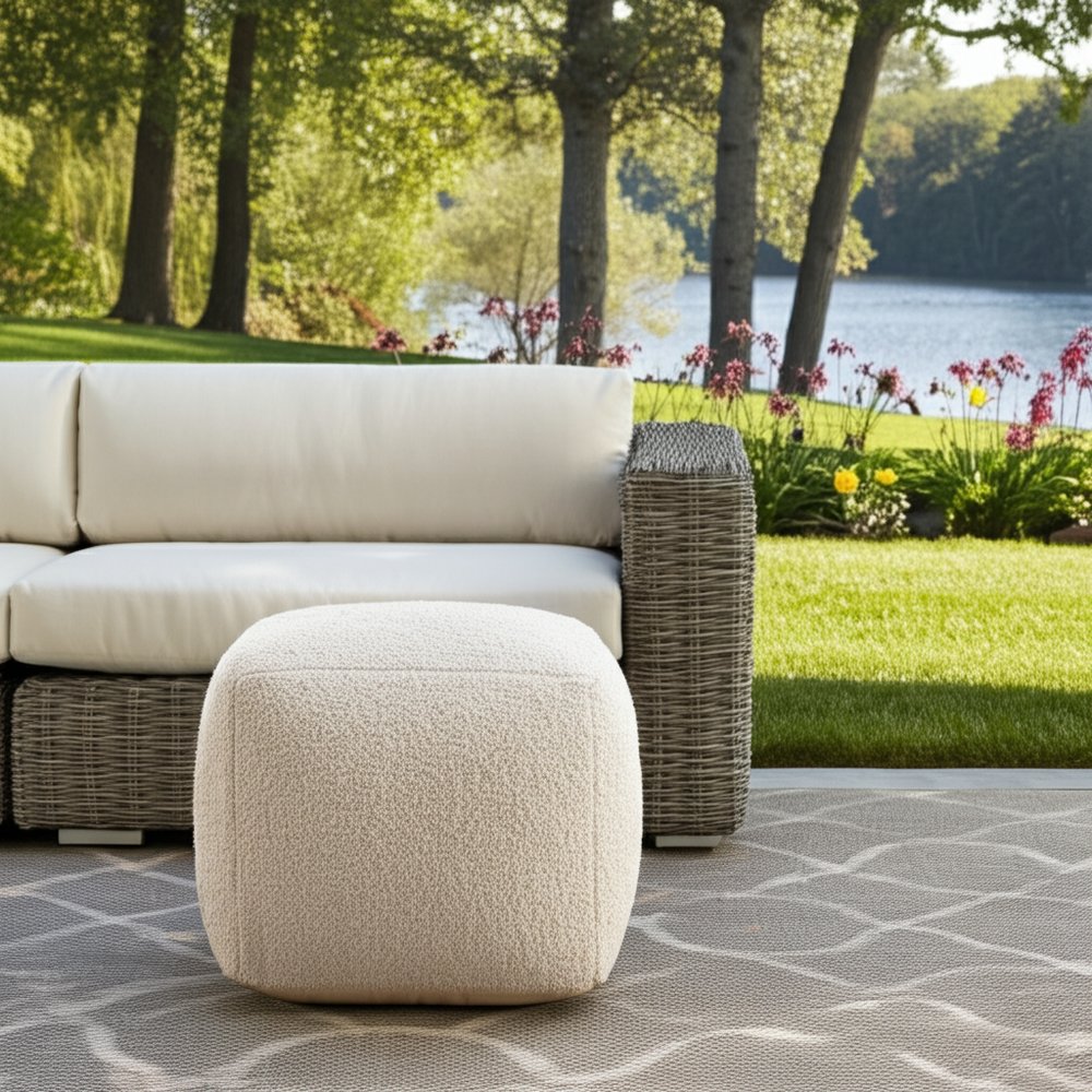 18" Ivory Polyester Cube Outdoor Pouf Ottoman