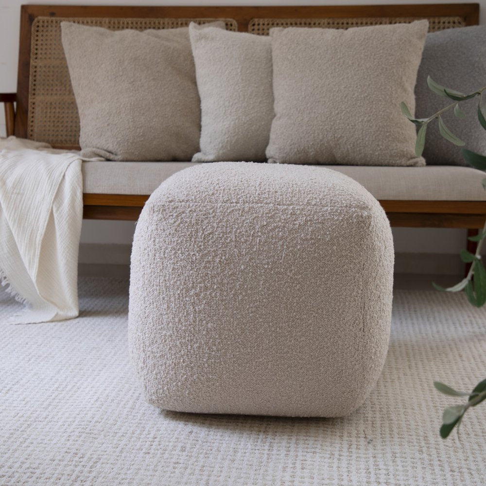 18" Ivory Polyester Cube Outdoor Pouf Ottoman