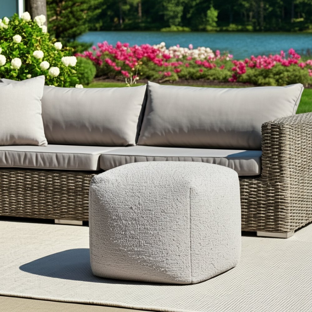 18" Ivory Polyester Cube Outdoor Pouf Ottoman