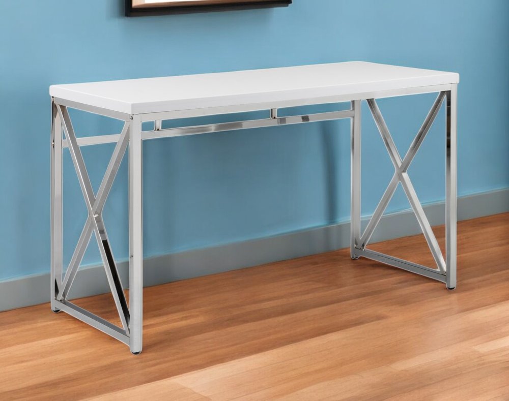 47" White and Silver Wood and Metal Computer Desk