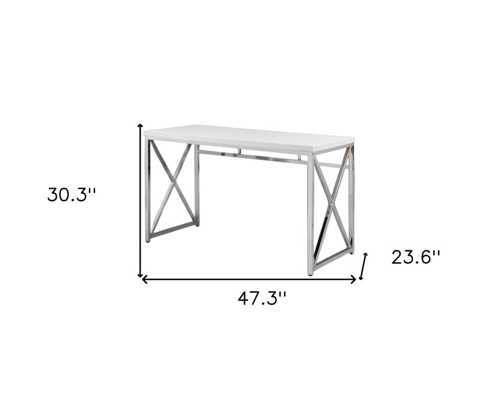 47" White and Silver Wood and Metal Computer Desk