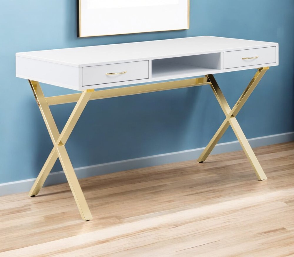 47" White and Gold Wood and Metal Computer Desk With Two Drawers