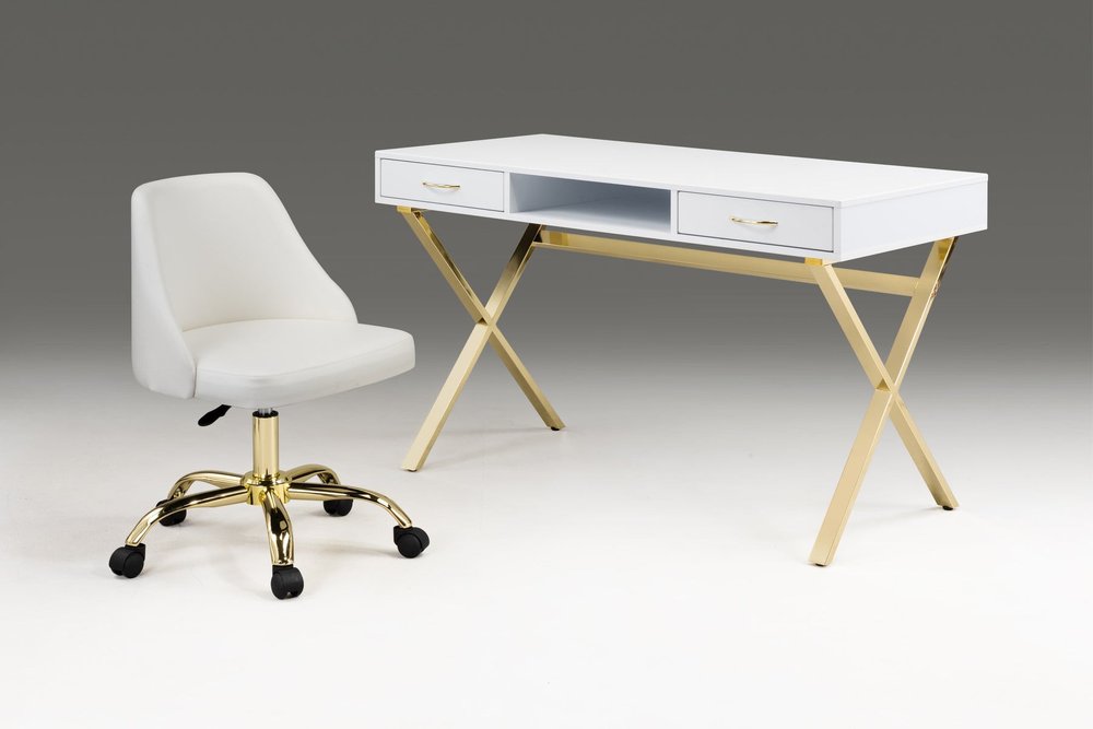 47" White and Gold Wood and Metal Computer Desk With Two Drawers