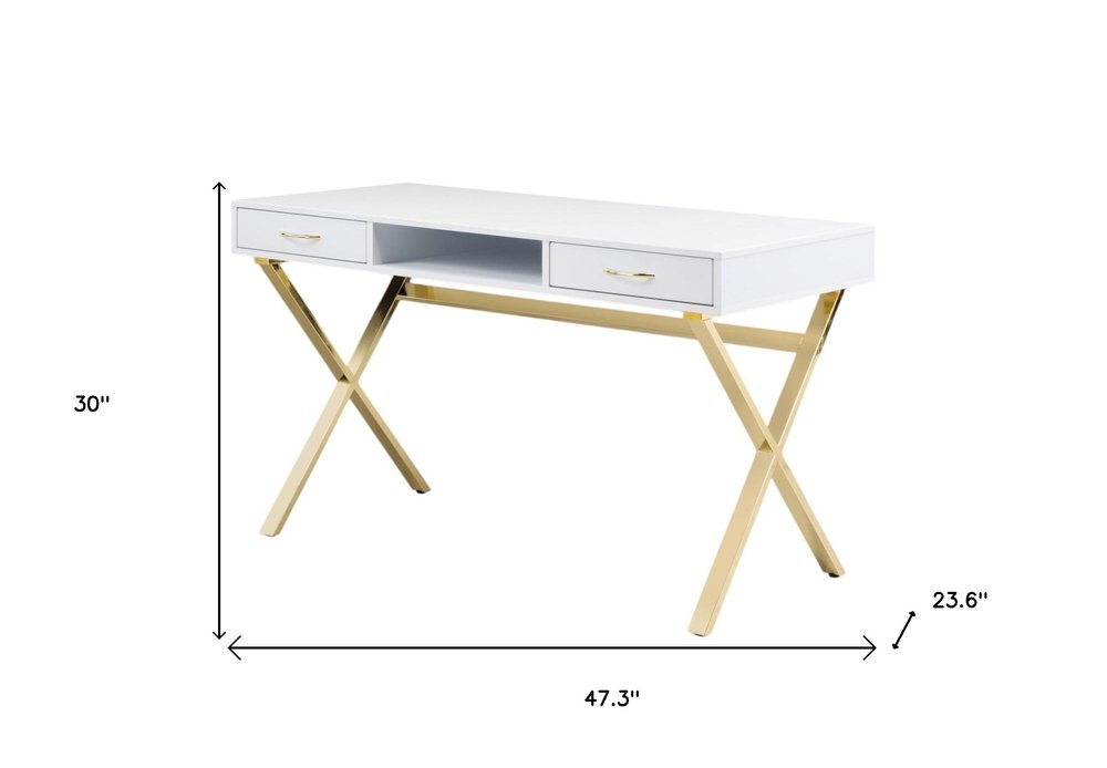 47" White and Gold Wood and Metal Computer Desk With Two Drawers