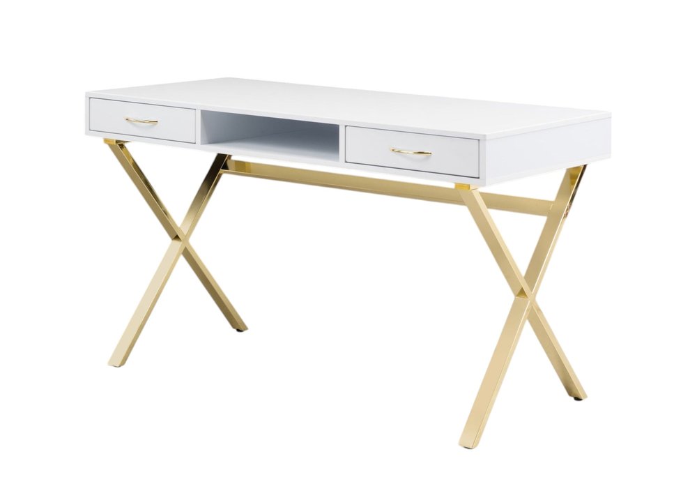 47" White and Gold Wood and Metal Computer Desk With Two Drawers