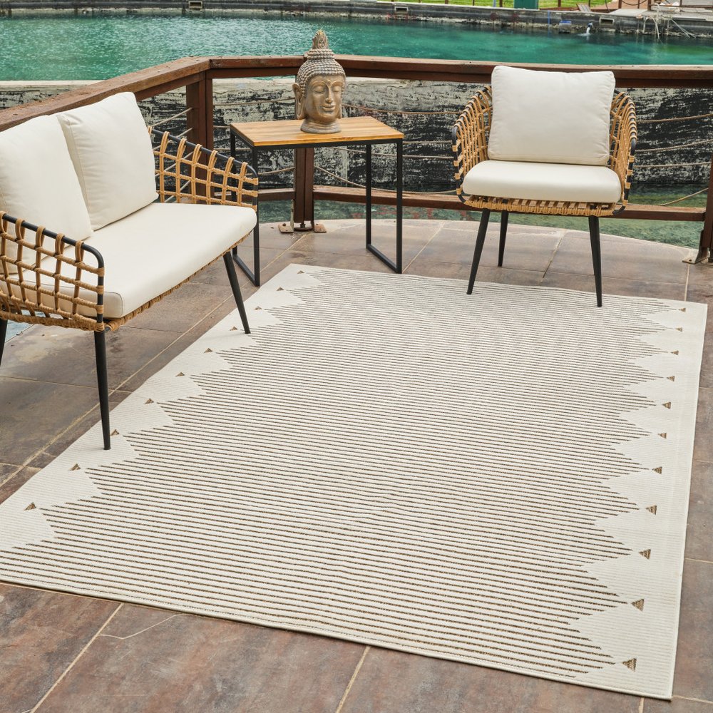 3' X 5' Beige and Brown Geometric Distressed Indoor Outdoor Area Rug