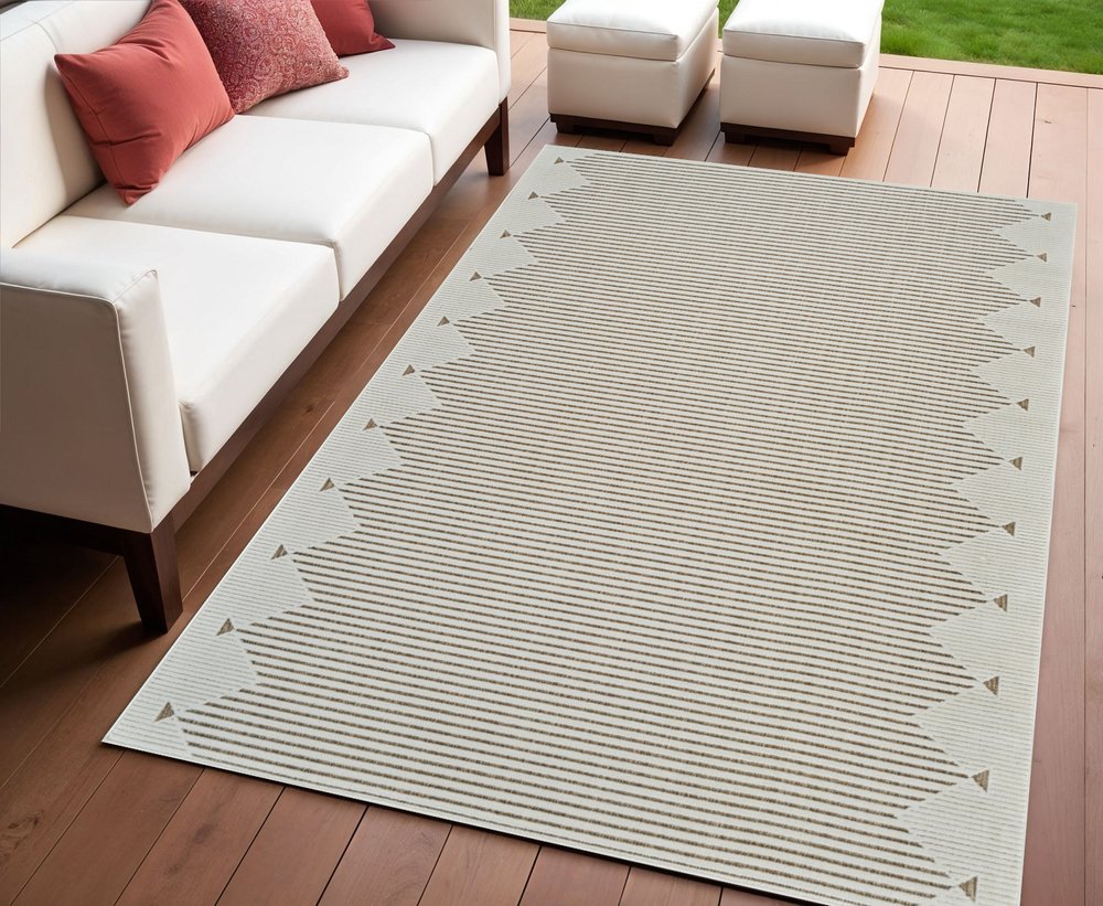 3' X 5' Beige and Brown Geometric Distressed Indoor Outdoor Area Rug