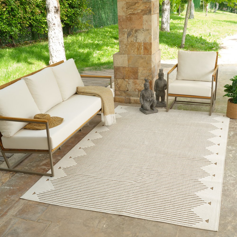 3' X 5' Beige and Brown Geometric Distressed Indoor Outdoor Area Rug