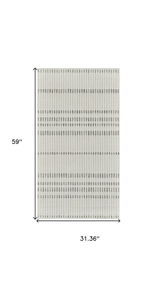 3' X 5' Cream and Beige Striped Distressed Indoor Outdoor Area Rug