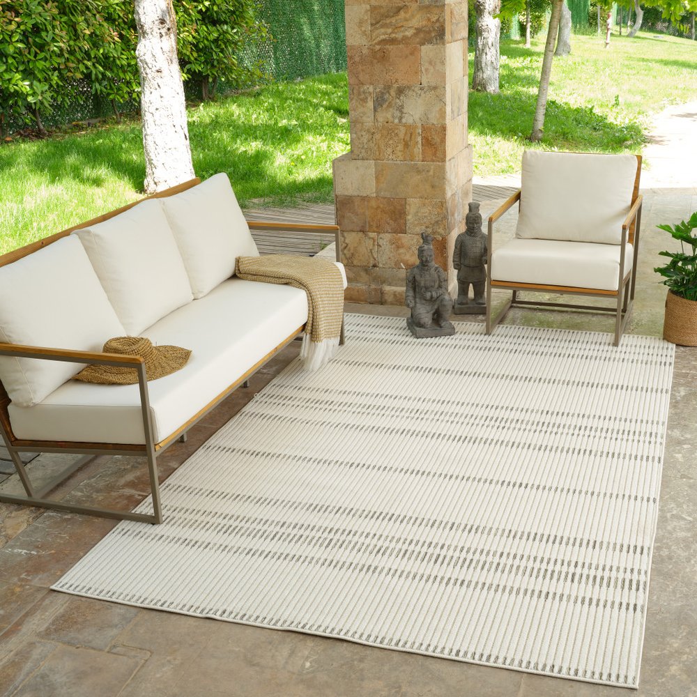 3' X 5' Cream and Beige Striped Distressed Indoor Outdoor Area Rug