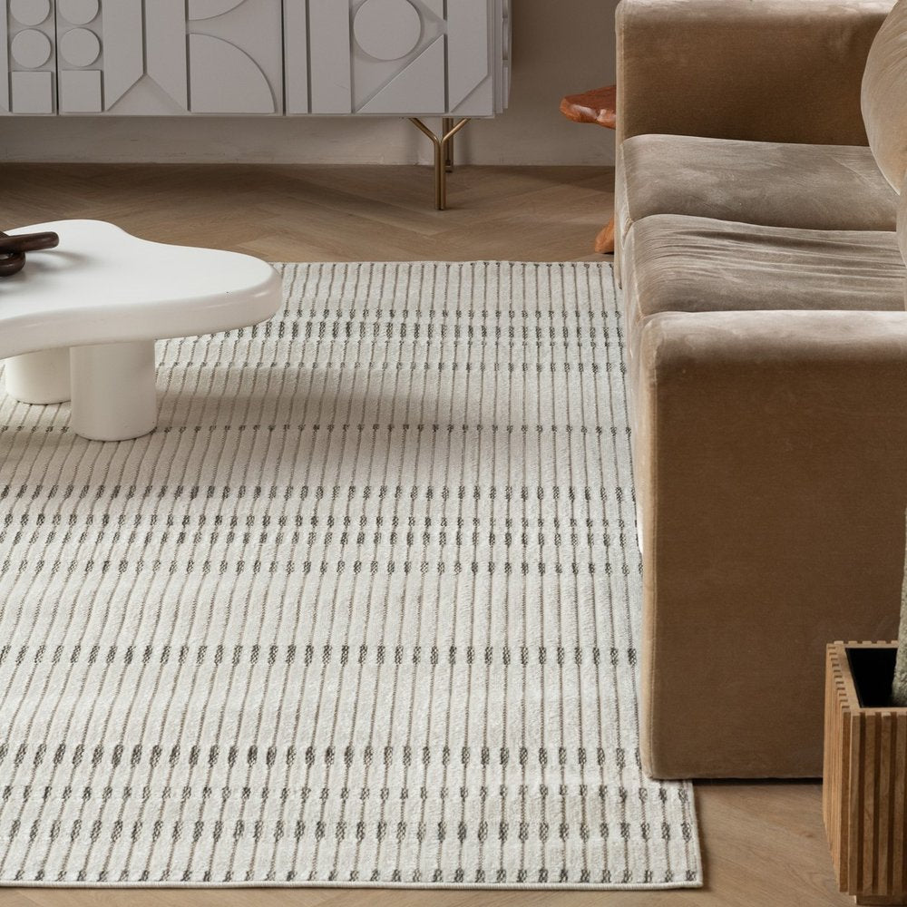 3' X 5' Cream and Beige Striped Distressed Indoor Outdoor Area Rug