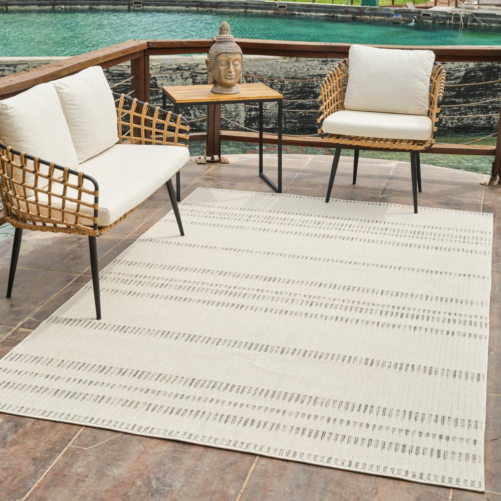 3' X 5' Cream and Beige Striped Distressed Indoor Outdoor Area Rug