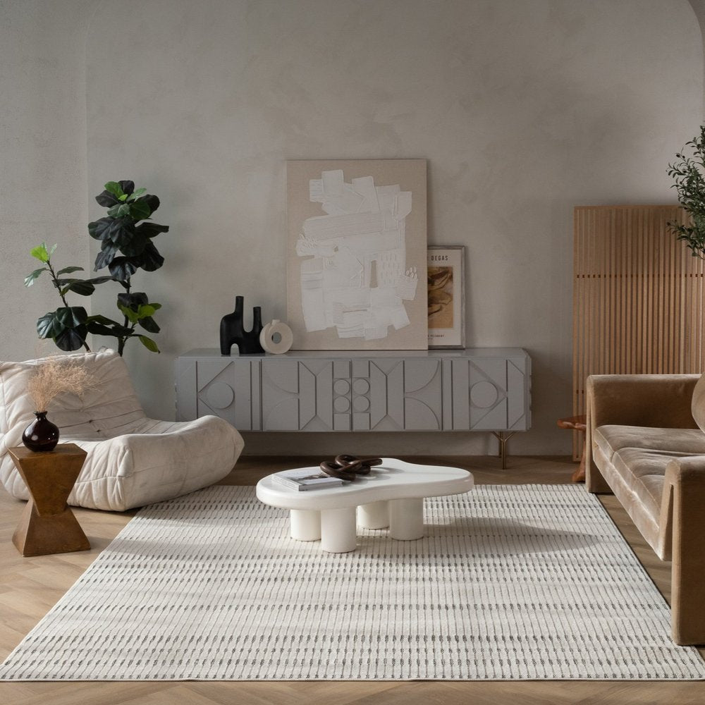 3' X 5' Cream and Beige Striped Distressed Indoor Outdoor Area Rug