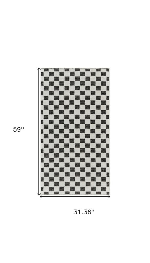 3' X 5' Black and White Geometric Distressed Indoor Outdoor Area Rug