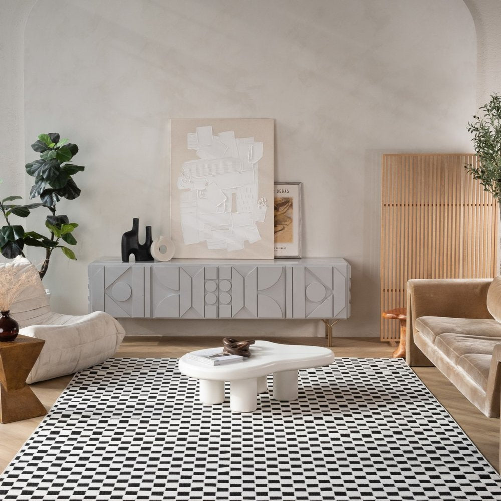 3' X 5' Black and White Geometric Distressed Indoor Outdoor Area Rug