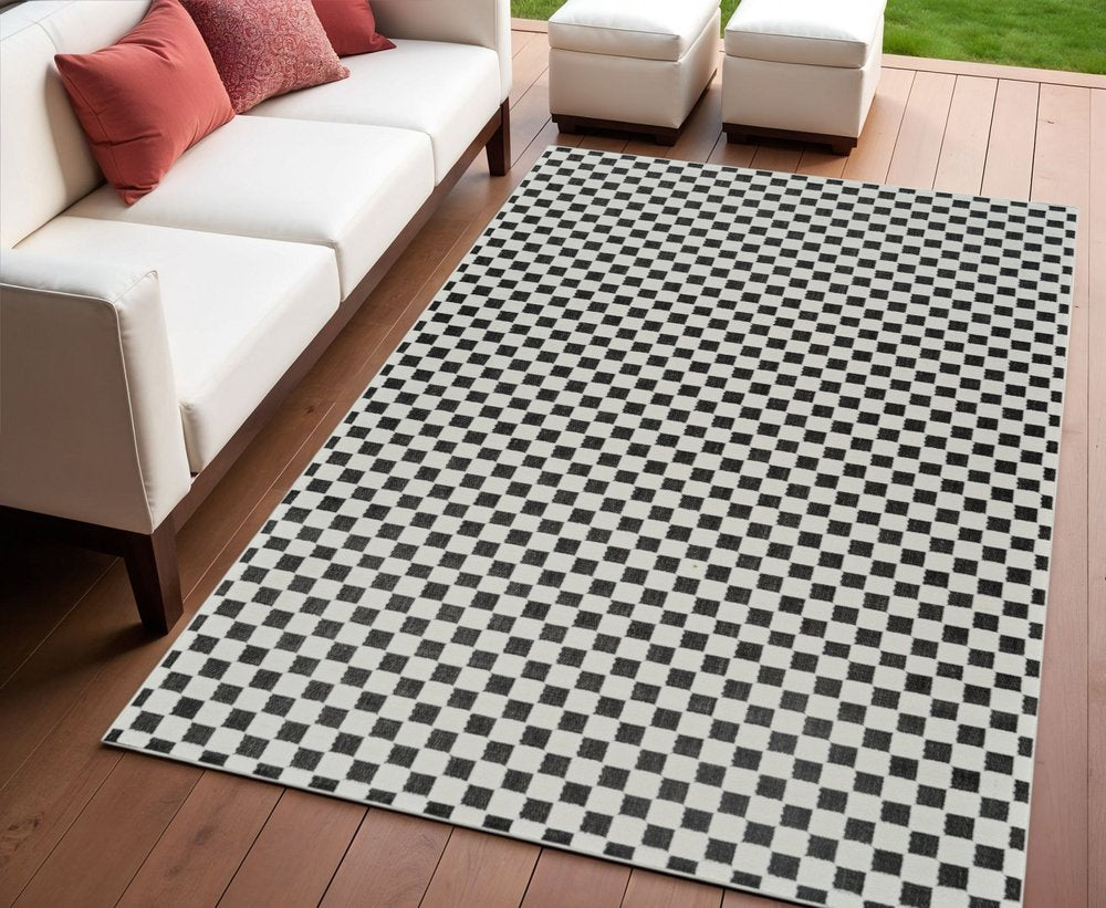 3' X 5' Black and White Geometric Distressed Indoor Outdoor Area Rug