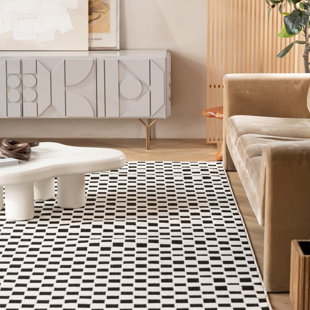 3' X 5' Black and White Geometric Distressed Indoor Outdoor Area Rug
