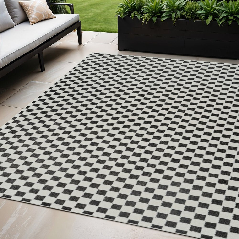 3' X 5' Black and White Geometric Distressed Indoor Outdoor Area Rug