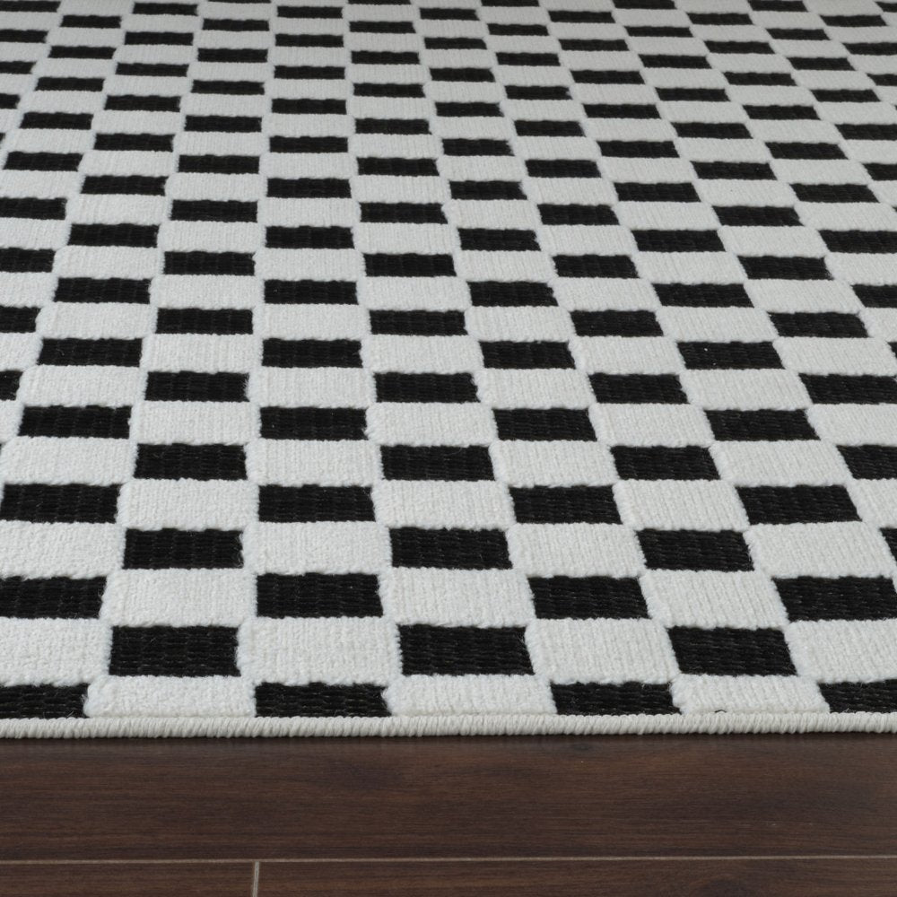 3' X 5' Black and White Geometric Distressed Indoor Outdoor Area Rug